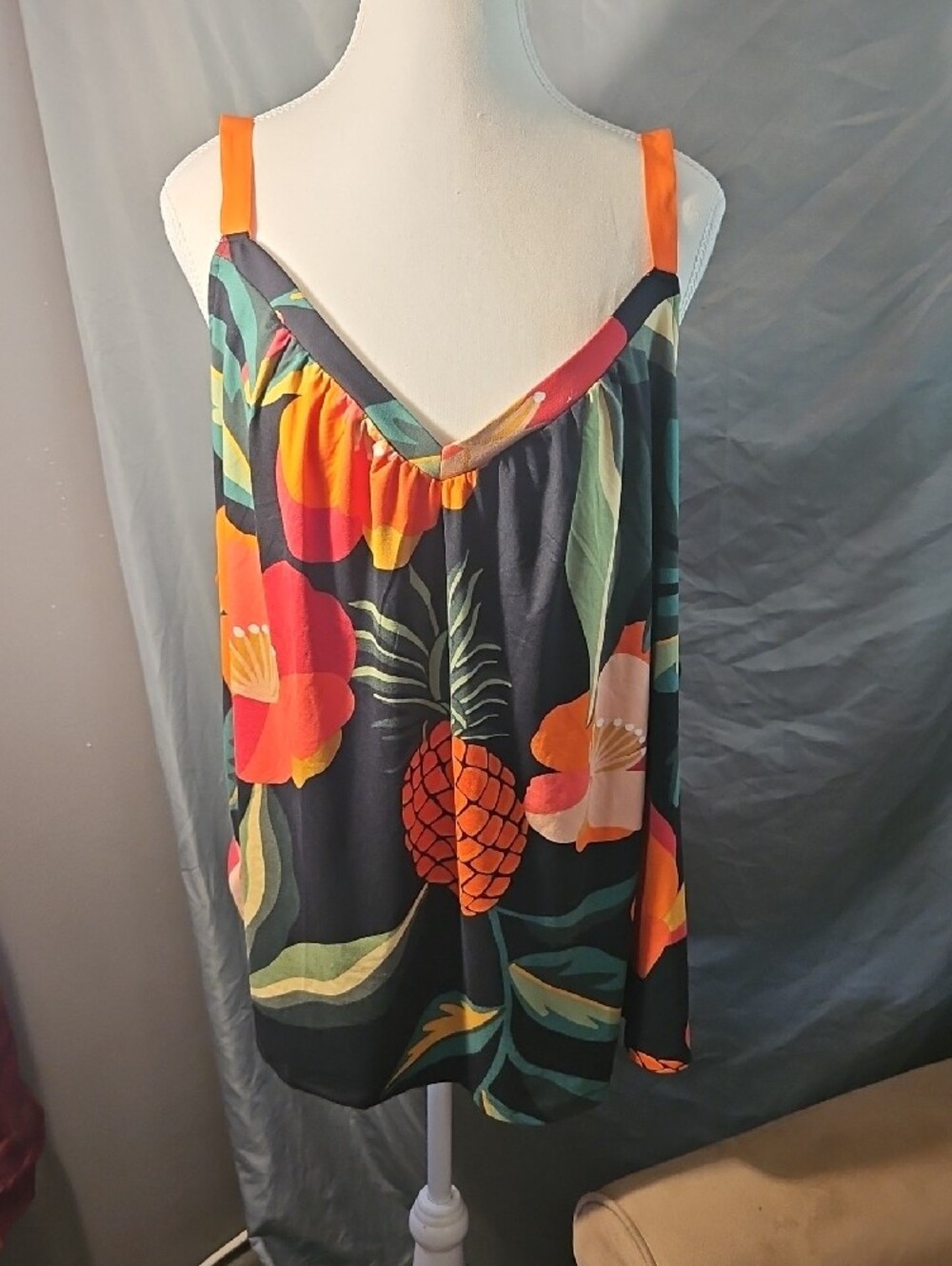 Tropical Floral & Pineapple Black Women's Tankini Set - Orange Accent - Picture 5 of 6